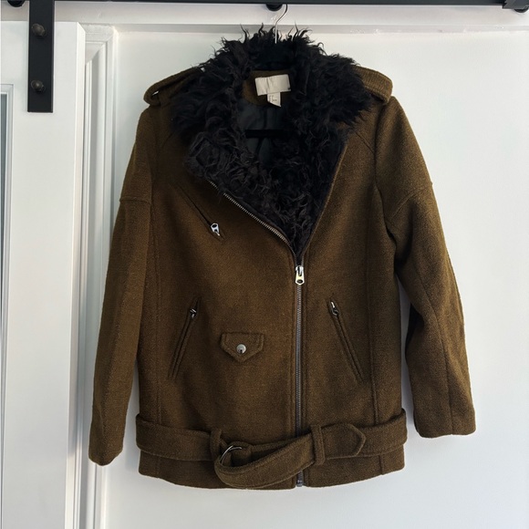 H&M Dark Olive Jacket with Black Faux Fur Collar - Picture 1 of 8
